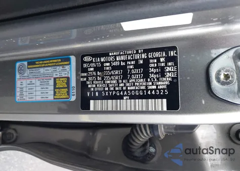 2016 Kia Sorento 3.3L Lx z USA, uszkodzony, nr VIN 5XYPG4A50GG144325